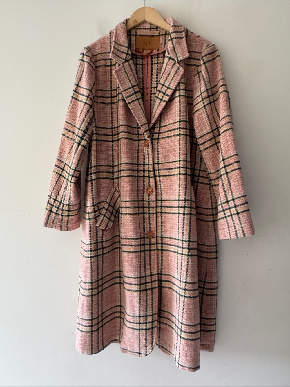 SALT Pink Adorable Plaid Pink Longline Button Coat